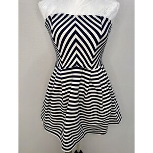 Charlotte Russe Strapless Black White Striped Fit Flare Dress M Stretch